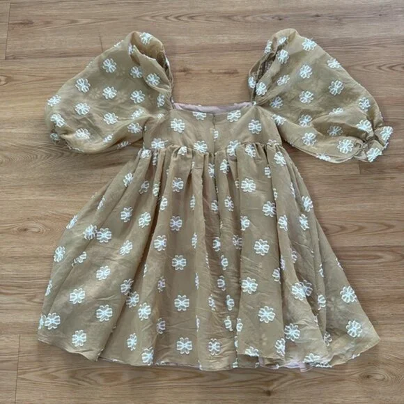 Storia Womens Puff Sleeve Amelia Mini Dress S Tan Floral Spring Babydoll Easter - Picture 8 of 8